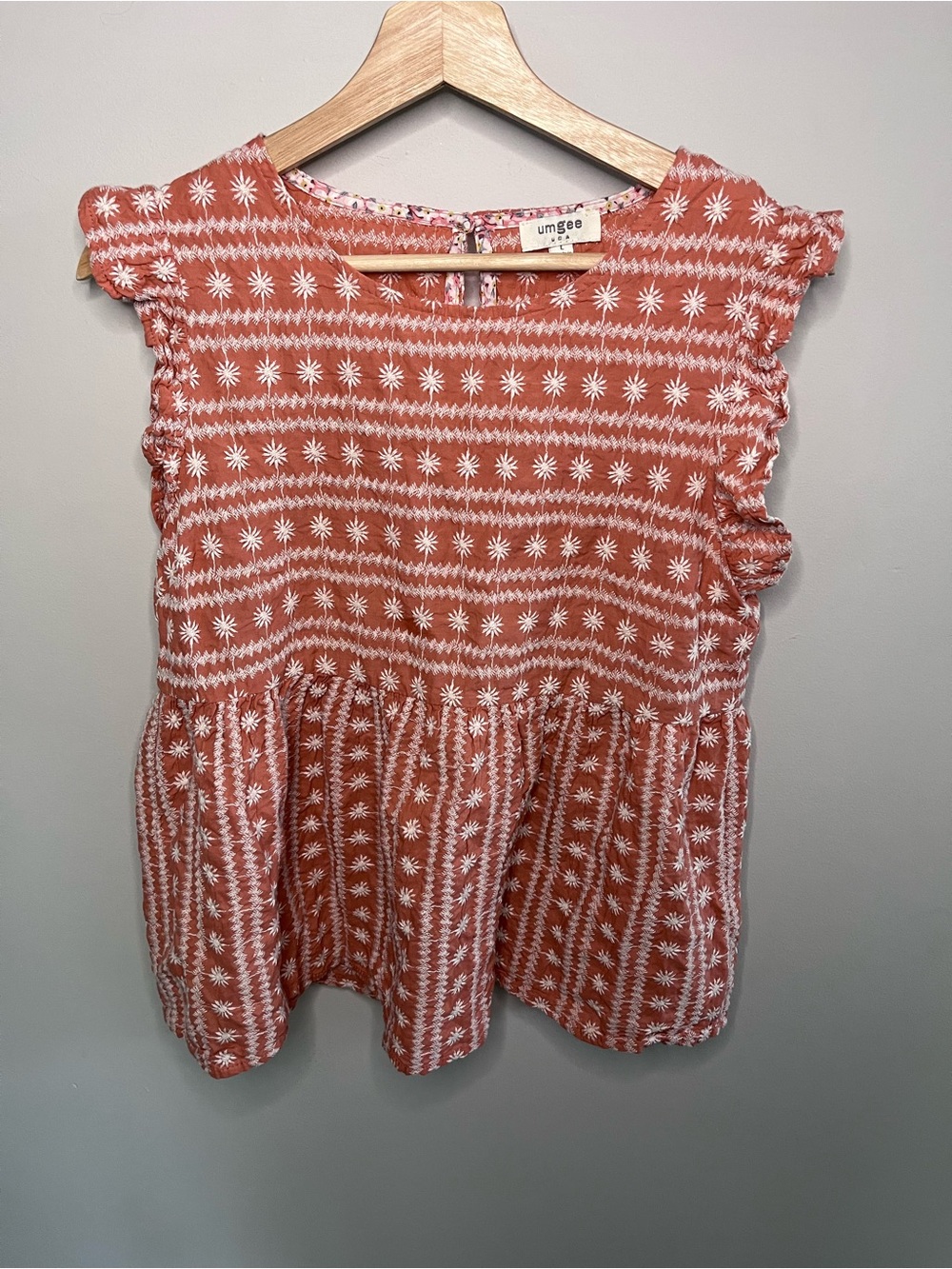 Umgee USA Terracotta Orange Embroidered Babydoll Ruffle Top K5309 Large